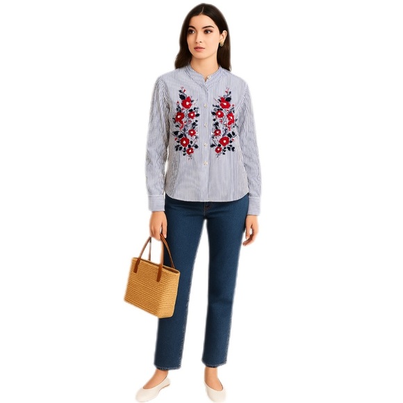 Lucky Brand Embroidered Floral Blue and White Pinstripe Button Down Shirt Size S - Picture 1 of 15